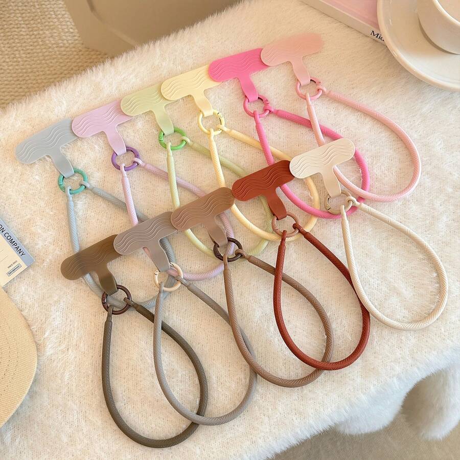 1 buah Tali Pergelangan Tangan Ponsel Silikon Bergelombang Warna Solid Macaron dengan Konektor T-Tab, Gantungan Kunci Ponsel Anti-Hilang Universal untuk Semua Casing Ponsel, Aksesori Gantungan Kunci Tali Tangan Pendek Portabel - MultiWarna - View 1