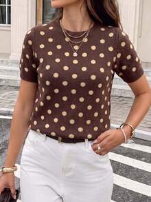 Women's Vintage-Style Brown Polka-Dot Short-Sleeve Knit Pullover; Regular Length, Slightly Stretchy Fabric-Suitable For Autumn Outfits. - Brown - View 6
