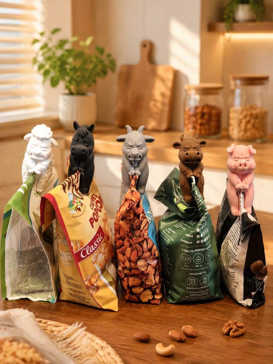 5pcs Cute Farm Animal Fridge Magnets Bag Clips, Sheep, Cow, Pig, Horse, Goat Shaped Reusable Plastic Snack Packaging Sealing Clips, Kitchen Pantry Food Bag Sealing Clips, Multi-Functional Snack Storage Organizer Clips - Multicolor - View 1