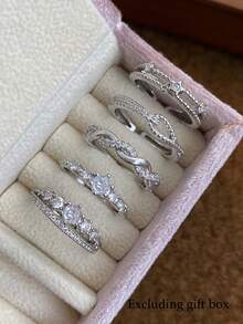 5pcs Fashion Minimalist Cubic Zirconia Multi-Element Open Ring Set Suitable For Women's Daily Wear And Gatherings (Gift Box Not Included) - Silver - View 7
