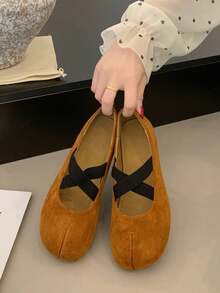 Zapatos Mary Jane de mujer de unicolor estilo preppy con correa cruzada y vamp bajo, punta redonda, zapatos casuales de oficina, para uso diario en todas las estaciones, suela blanda, sin cordones, ligeros, transpirables, cómodos y planos - Naranja Quemada - Ver 5