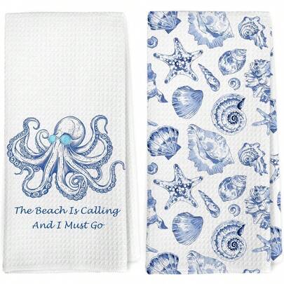 Kitchen Towels Funny Coastal Beach Octopus Seashell Dishclo…