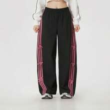 Adidas Women's Clover Cargo Pants Drawstring Cuffed Pleated Woven Trousers - Black/Pink - View 4