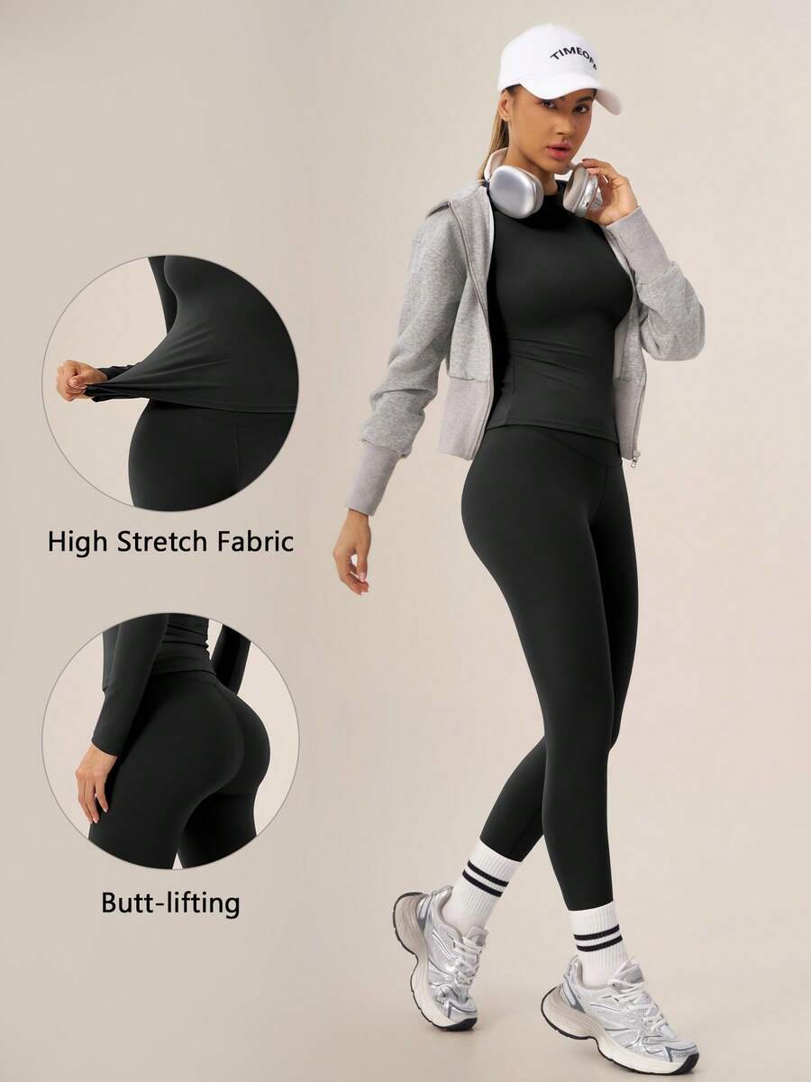 TimeOff Women's One Set Solid Color Round Neck Long Sleeve Slim Fit Leggings Sports Set - Black - View 1