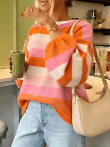 Women's Comfortable Striped Knit Pullover Sweater, Long Sleeve Loose Warm Pullover, Suitable For Winter Wear - Multicolor - View 7