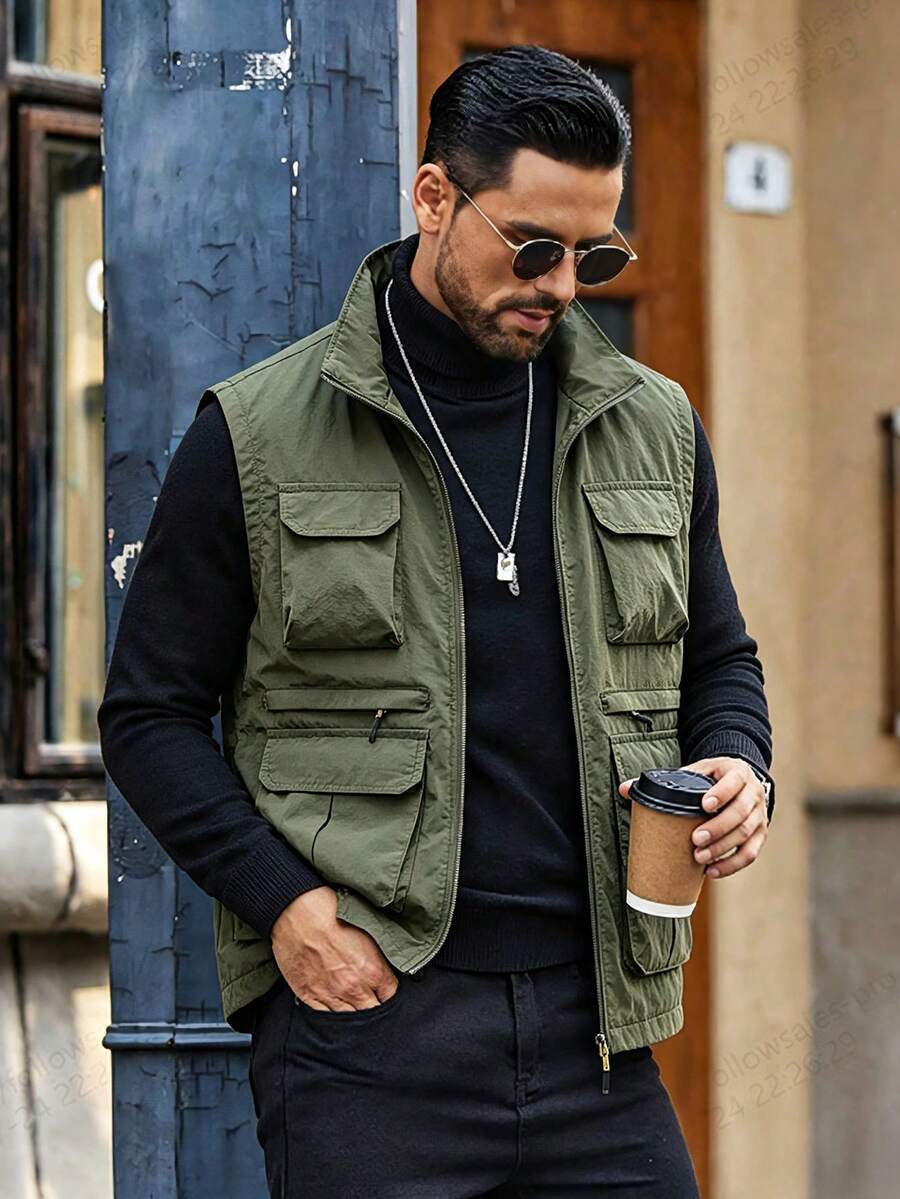 Men's Spring/Autumn Lightweight Outdoor Workwear Multi-Pocket Tactical Vest Jacket - Army Green - View 1