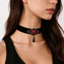 Dark Style Hollow Lace Choker Necklace With Vintage Bronze Frame, Red Rhinestone Teardrop And Black Pendant - Multicolor - View 5