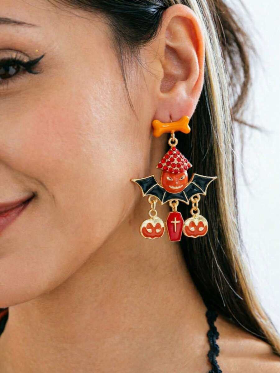 1 Pasang Anting-Anting Rumbai Hantu Halloween Desain Kreatif, Tulang , Kelelawar, dan Berlian Imitasi, Pilihan Hadiah Sempurna - MultiWarna - View 1