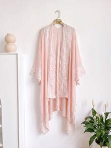 1件極簡幾何圖案刺繡開襟和服式披肩/圍裙，波希米亞風春夏外套，海灘度假防曬裝飾刺繡開襟衫，適合日常穿搭，完美禮物選擇 - 粉色 - 查看 6