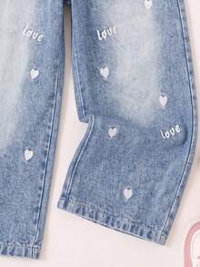 Celana Jeans Denim Lurus Kasual Lucu untuk Anak Perempuan, Cocok untuk Semua Musim, dengan Bordir Hati dan Huruf, Saku Palsu, dan Potongan Lurus. - Biru - View 4