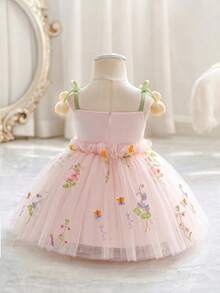 Baby Girl 3D Floral Decor Cami Dress, Suitable For Birthday, Flower Girl, Wedding, Halloween Occasions - Baby Pink - View 3