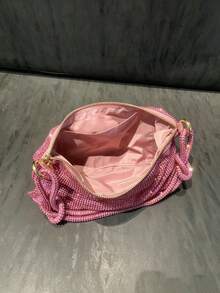 Dedoo Crescent-Shaped Shoulder Handbag, Fully Rhinestone Decorated, Adjustable Rhinestone Strap With Knot Detail, Eye-Catching Bag For Women's Evening Party And Nightclub Occasions - Pink - View 3