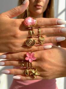 10pcs/Set Vintage Fashion Bohemian Summer Vacation Style Colorful Pink Seashell Starfish Scallop Oil Drop Plumeria Stackable Open Adjustable Ring Set Sweet Personalized High-End Stacked Jewelry Suitable For Women Vacation Party Date Gift Daily Wear Versatile Jewelry Ideal Gift For Girlfriend, Family - Pink - View 3