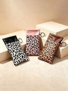 1pc Auto Squeeze Close Glasses Pouch Leopard Print PU Leather Portable Fashion Glasses Case With Keyring 3 Colors Eyewear Storage Bag For Women Daily Use ﻿ - Multicolor - View 2