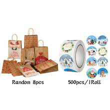 9pcs/1Roll Christmas Kraft Gift Bags With Stickers Set, Santa Claus Printed Paper Tote Bags, Xmas Candy Cookie Treat Bags For Holiday Gift Packaging - Multicolor - View 9