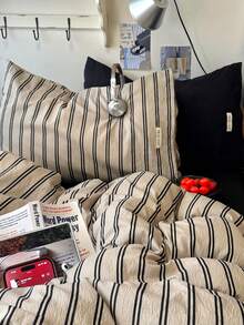 Minimalist Beige & Black Striped 4-Piece Bedding Set, Soft Wrinkled Texture Polyester, Neutral, Includes 1 Duvet Cover, 1 Bed Sheet, 2 Pillowcases, Duvet Insert And Pillow Inserts Not Included - Apricot - View 10
