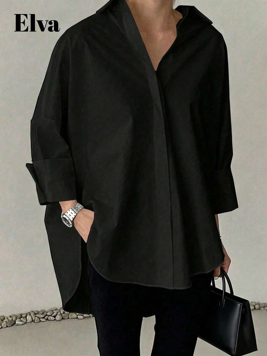 ELVA黑色波点复古奢华风衬衫,长袖宽松版型,适合女性办公室穿着,包括工作上衣、秋季女装、返校季服装、返校派对礼服、男友风教师装。 - 黑色 - 查看 1