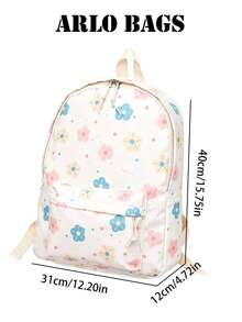 Minimalistischer weißer Rucksack mit Blumenmuster, tragbare Schultasche mit vorderer Reißverschlusstasche, Mehrfach-Abteilungs-Freizeitrucksack, geeignet für Einkaufen, Schule, Reisen - Verschiedenfarbig - Übersicht 2