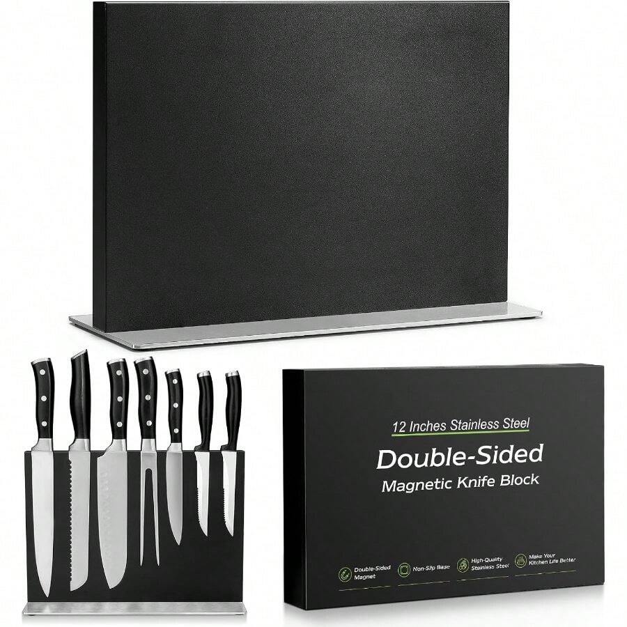 Double-Sided Magnetic Block, 12in Black Stainless Steel Holder Kitchen Countertop, Space-Saving Storage Organizer - 12in + Black - View 1
