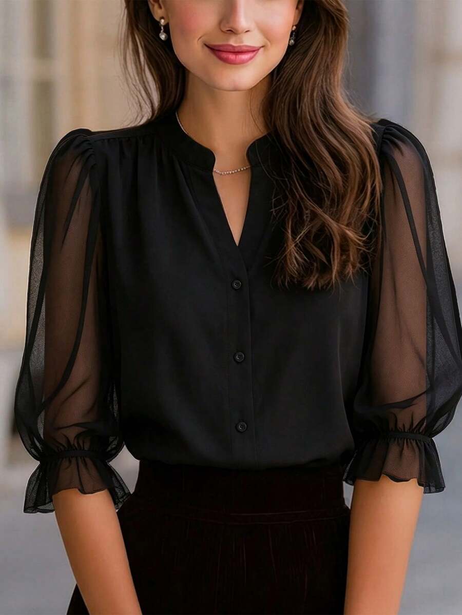 Blus Chiffon Hitam Kerah Tegak Sedikit Transparan Gaya Dewasa Elegan Ukuran Plus untuk Wanita dengan Desain Lengan Tengah Berkerut Elastis, Cocok untuk Perjalanan Sehari-hari dan Kencan. - Hitam - View 1