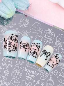 1 pieza Placa de impresión de uñas con diseño de animal de dibujos animados lindo, plantilla de uñas grande con lazo de cinta, conejo, oso y amor, para crear diseños de uñas lindos, herramientas de arte de uñas DIY japonés, suministros de uñas de acero inoxidable para salón - Plateado - Ver 8