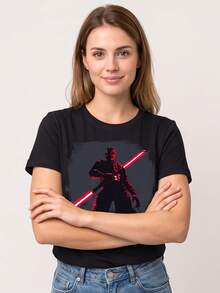 Maglietta estiva Off Campus da uomo nera, streetwear Y2K, merchandise cinematografico, stampa Darth Maul che guarda il basso, unisex uomo donna, maniche corte - nero - Visualizzare 4