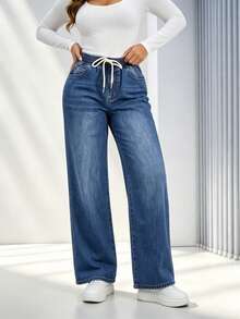 Pantalones vaqueros anchos azules con cintura elástica y cordón, cómodos y sueltos, de largo hasta el tobillo - azul medio - Ver 5