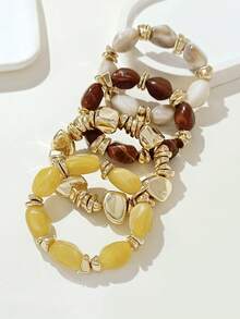 4pcs/Set Fashion Vintage Exaggerated Bohemian Thick Multi-Layer Multi-Color Acrylic Beaded Bracelet Gold Crushed Stone Style Bracelet For Women - Multicolor - View 3