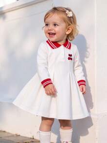 Autumn/Winter New College Style Striped Polo Collar Girls Dress, Cherry Embroidery Contrast Color Ribbed Cuffs, Waist-Cinched Long Sleeve Baby Girl Polo Princess Dress - White - View 1