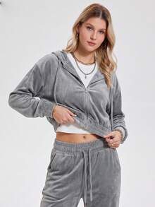 KyrLssu Women's Solid Color Hooded Zip-Up Fleece 2-Piece Set, Autumn/Winter Casual Streetwear - Light Grey - View 4