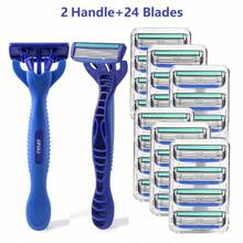 jifuli 男女通用手動刮鬍刀，6層不鏽鋼除毛刮鬍刀片，可替換式刮鬍頭 - 藍色 - 查看 7