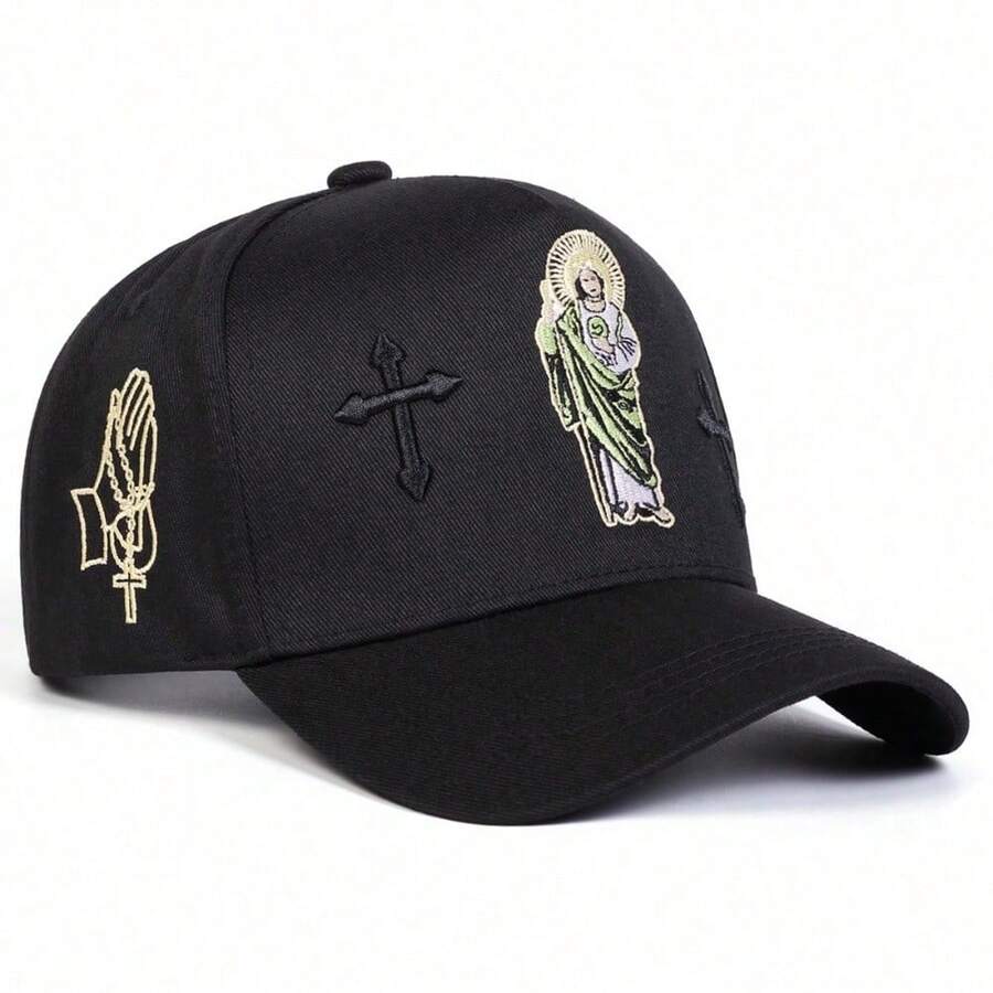 1 pieza Gorra de camionero con bordado de la cruz de para hombres, gorra de moda urbana de 5 paneles, sombrero casual con protección solar para primavera, otoño, viajes, playa, verano, vacaciones, festivales - Multicolor - Ver 1
