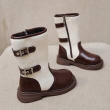 Girls' Vintage Colorblock High-Top Boots, Autumn/Winter British Style Buckle Side Zipper Mid-Calf Leather Boots - Brown - View 9
