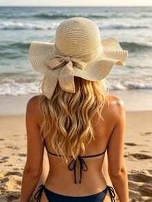 1pc Ladies' Khaki Wave Striped Bowknot Beach Hat, Elegant And Sun-Protected For Beach Vacation - Multicolor - View 5