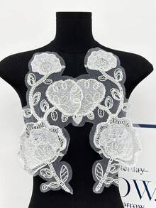 2pcs/Set White Pair Beaded Floral Embroidery Applique, Sheer Tulle Flower Leaf Patch, Sew On Decorative Motif For Wedding Dress Evening Gown - White - View 7