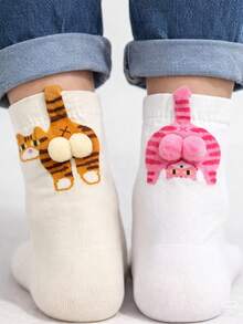 4 Pairs Random Style Women's Cute Mid-Calf Socks, 3D Pom Pom Cat Butt Design, Fun Casual Cartoon Cat Tail Print Mid-Calf Socks - Multicolor - View 2