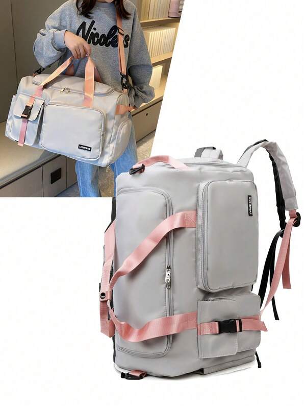 Buqingting 1 pieza Nueva bolsa de gran capacidad multifunción con múltiples bolsillos de tela impermeable de unicolor, con correa de hombro ajustable, se puede colgar en el compartimento de equipaje, con cremallera trasera, adecuada para bolsa de equipaje de mujer, se puede usar para vacaciones, viajes, deportes,
