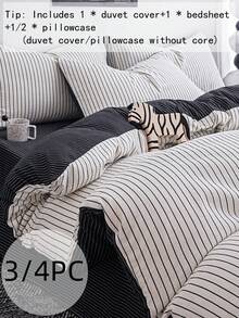 Minimalist Bedding Set (1*Duvet Cover+1*Bed Sheet+1/2*Pillowcase, No Filling) Black And White Line Pattern, Black And White Striped Print, 100% Polyester, Perfect For Home Bedroom Hotel Decoration, Suitable For All Seasons - Black and White - View 2