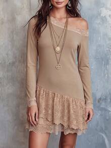 Women's Crisp Style Grey-Brown Autumn Short Dress, Cold Shoulder Neckline, Scalloped Lace Cuffs, Ruffled Lace Layered Hem, Fitted Dress Suitable For Downtown Gatherings - Brown - View 4