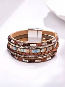 1pc Bohemian Style Purple & Pink Multi-Layer Leather Colorful Beaded Woven Magnetic Clasp Bracelet, Suitable For Women's Daily Commute Wear - Purple - View 3