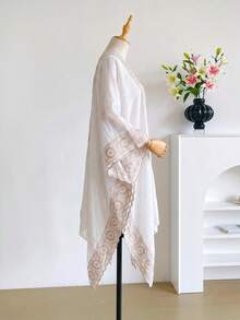 1件極簡幾何圖案刺繡開襟披肩女款和服/圍裙，春夏波希米亞風外套，海灘度假防曬裝飾刺繡開襟衫，適合日常搭配，送禮首選 - 白色 - 查看 4