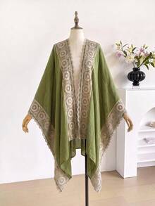 1pc Minimalist Geometric Pattern Embroidered Split Shawl Women's Kimono, Sarong Spring/Summer Bohemian Style Outerwear Beach Vacation Sun Protection Decorative Embroidered Cardigan Suitable For Daily Matching Gift Choice - Green - View 2