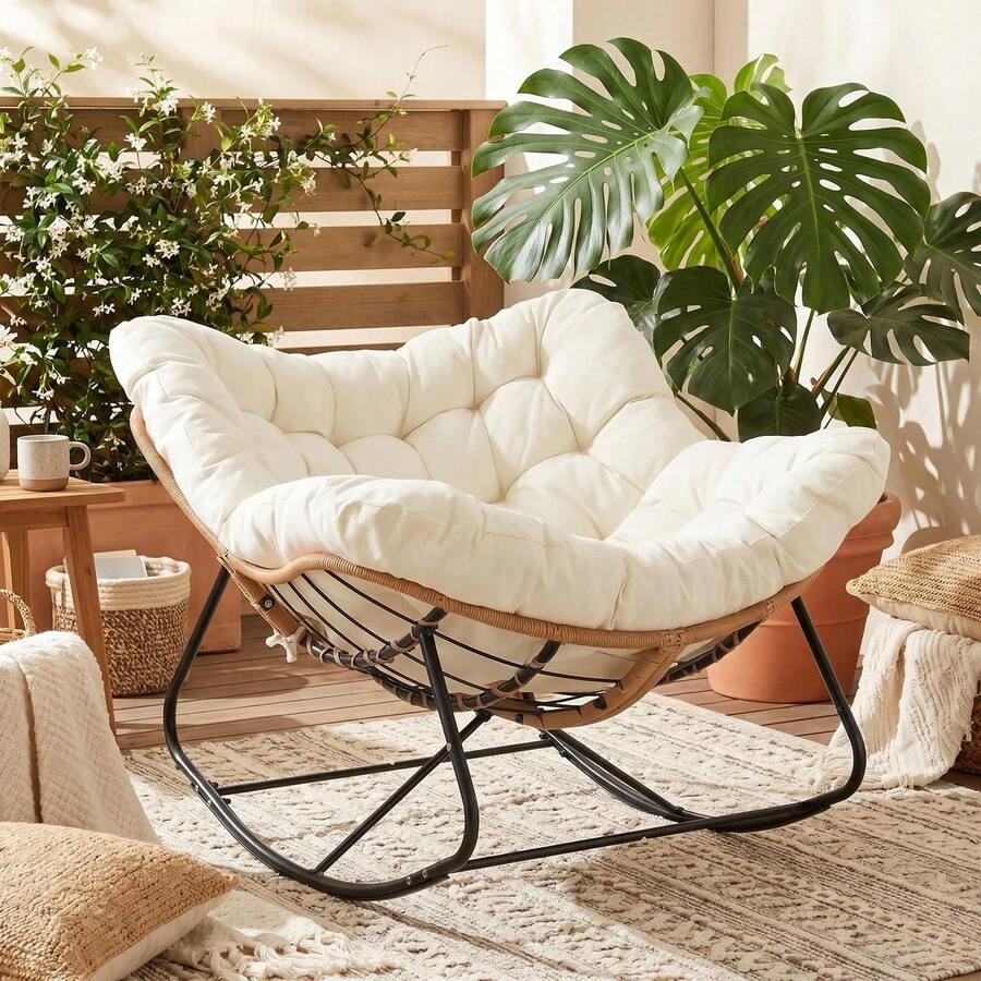 Rattan Rocking Chair, Egg-Shaped Rocking Chair, Oversized Rocking Armchair With Thick Removable Cushion And Metal Frame, Load Capacity Of 150kg, Lounge Chair For Garden, Balcony, Living Room - 原木色+米色墊 - 查看 1