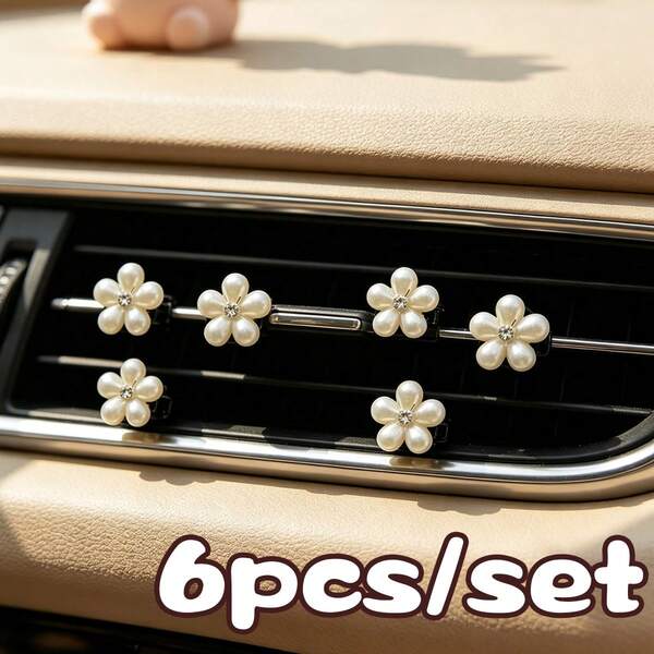 6Pcs Pearl Flower Car Air Vent Clips, Rhinestone Floral Air Outlet Decorations, Cute Elegant Automobile Interior Accessories Gift For Women Girls