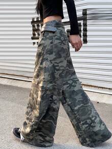 1pc Japanese Street Style Women's Multi-Pocket Curved Leg Loose Comfortable Wide Leg Jeans Long Pants (This Product Does Not Include Belt/Accessories) - Grey - View 5