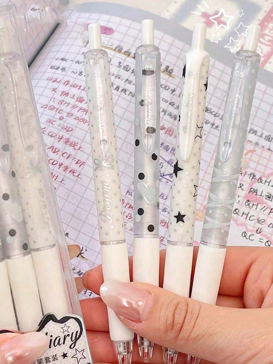 4pcs Polka Dot, Star, Bow Tie Black Retractable Pens, Smooth Writing 0.5mm Ballpoint Pens Suitable For Students - Multicolor - View 1