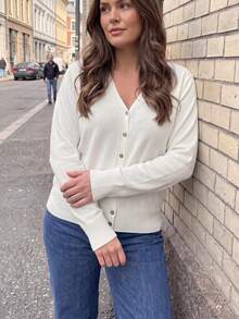 Cardigan de Tricô com Decote em V Feminino, Suéter Básico Casual de Manga Longa Fino para Primavera/Outono, Estilo Fashion Branco Outono - Branco - Visão 5