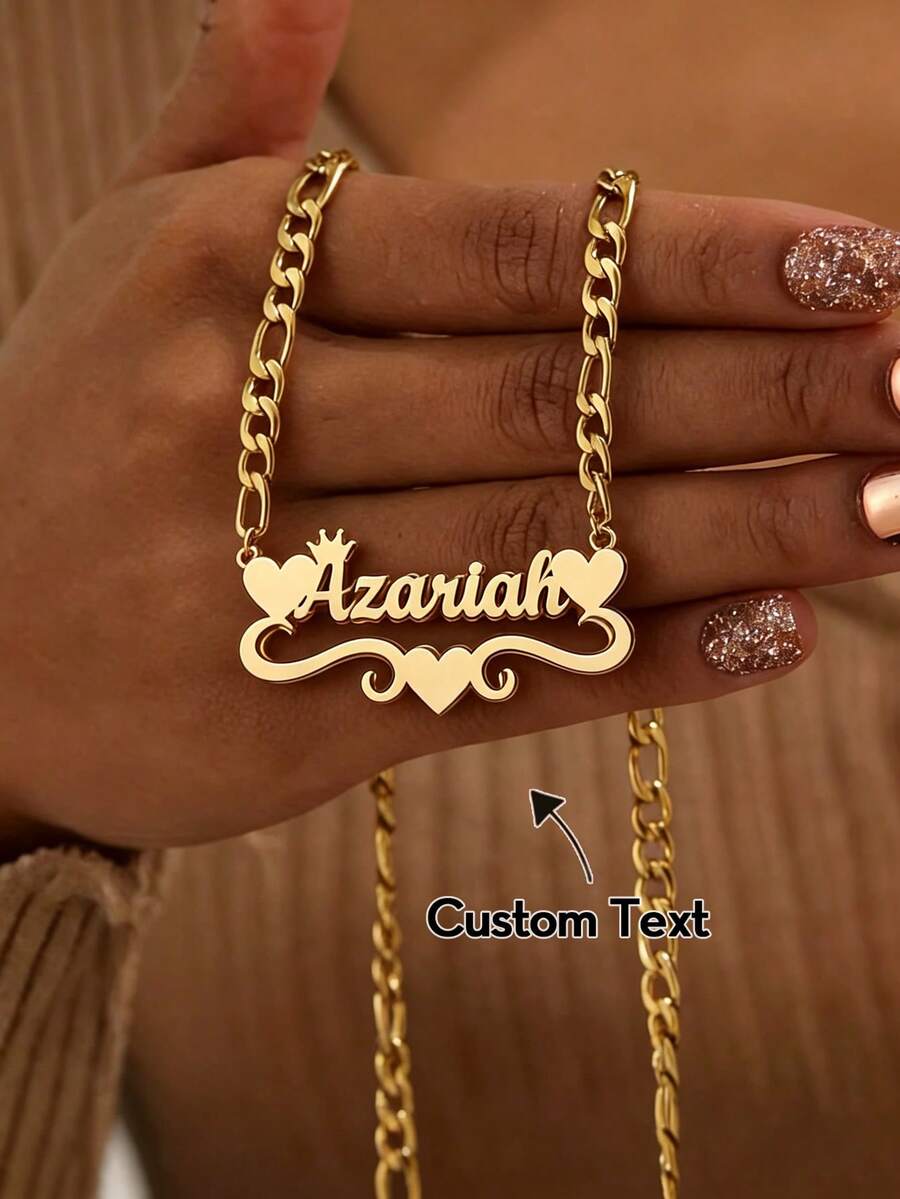 1pc Customized Handwritten Name Necklace With Crown And Heart Frame Gold-Plated Stainless Steel Figaro Chain - Heart-shaped Crown In Multiple Colors - View 1