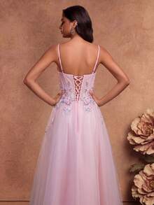 Women's 3D Floral Decor Luxurious High Waist Spaghetti Strap Maxi Evening Dress Pink Wedding - Pink - View 9