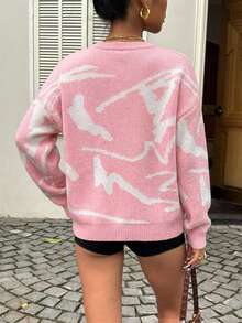 Women's Autumn Pink Abstract White Pattern Crew Neck Knit Sweater, Drop Shoulder Long Sleeve Loose Knit Top, Fall Vacation - Pink - View 4